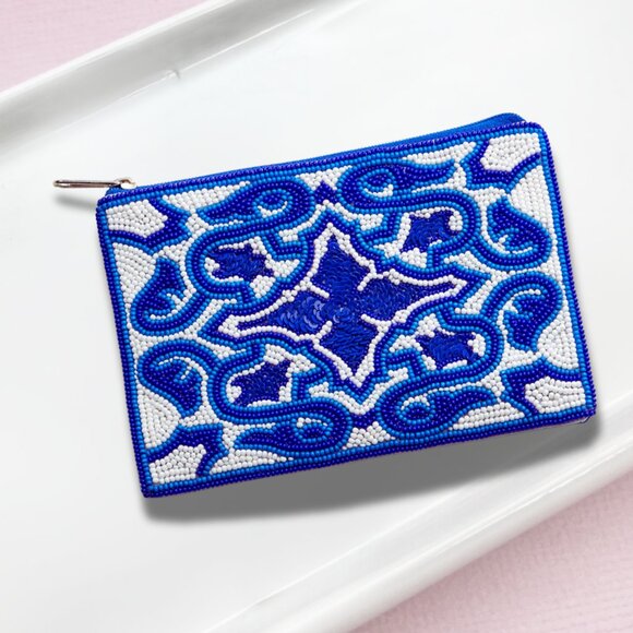 Intricate Geometric Pattern Royal Blue Sequin Seed Beaded Mini Pouch Coin Bag - Picture 1 of 4